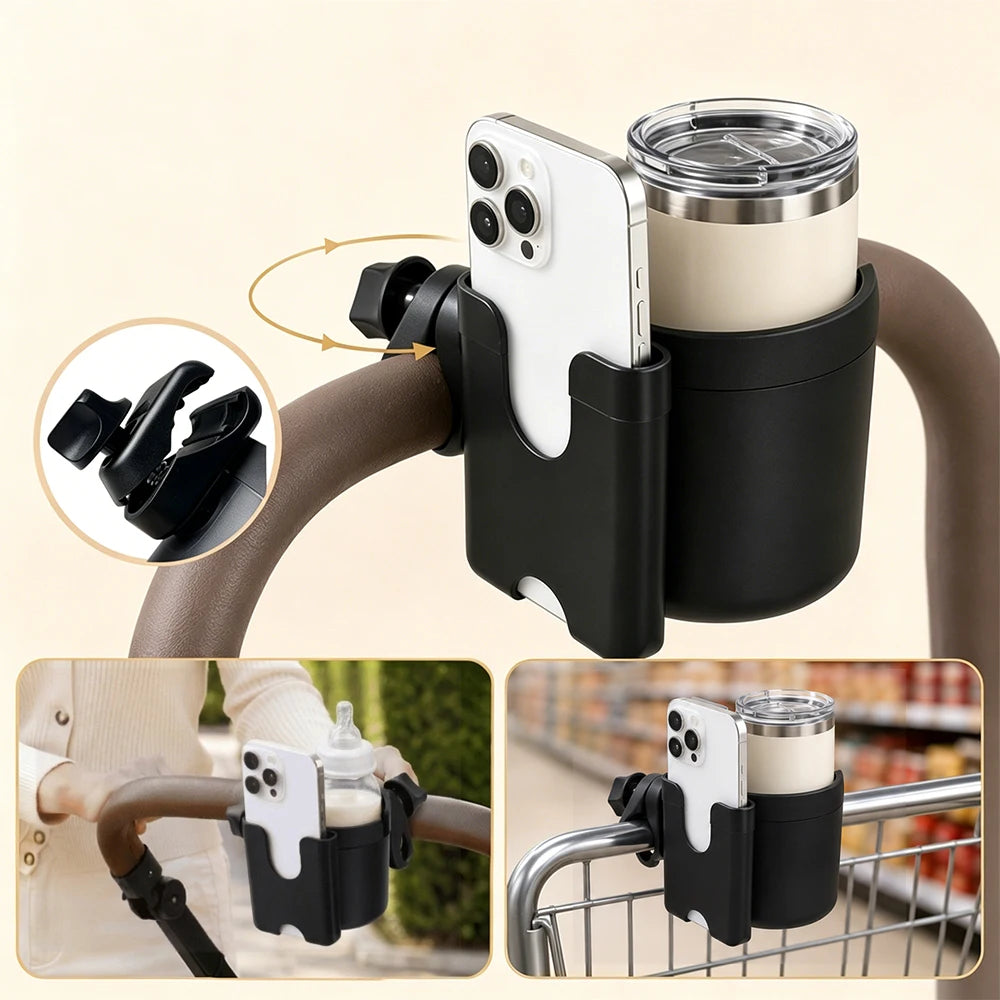 Porte-gobelet avec support téléphone pour poussette, noir