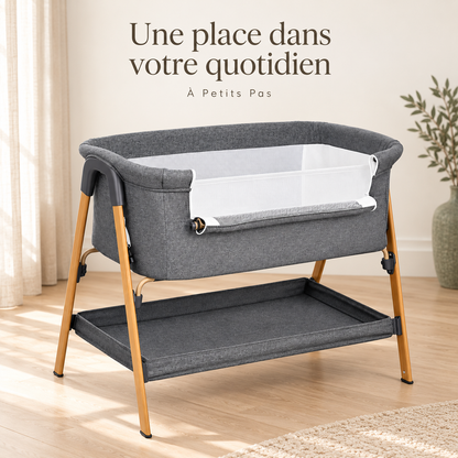 Une place dans votre quotidien — Berceau de chevet gris chiné — pieds en bois