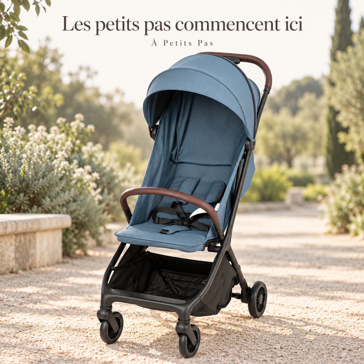 Les petits pas commencent ici — Poussette compacte pliable — bleu marine