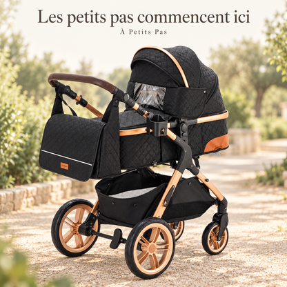 Les petits pas commencent ici — Poussette modulable noire matelassée — version haute