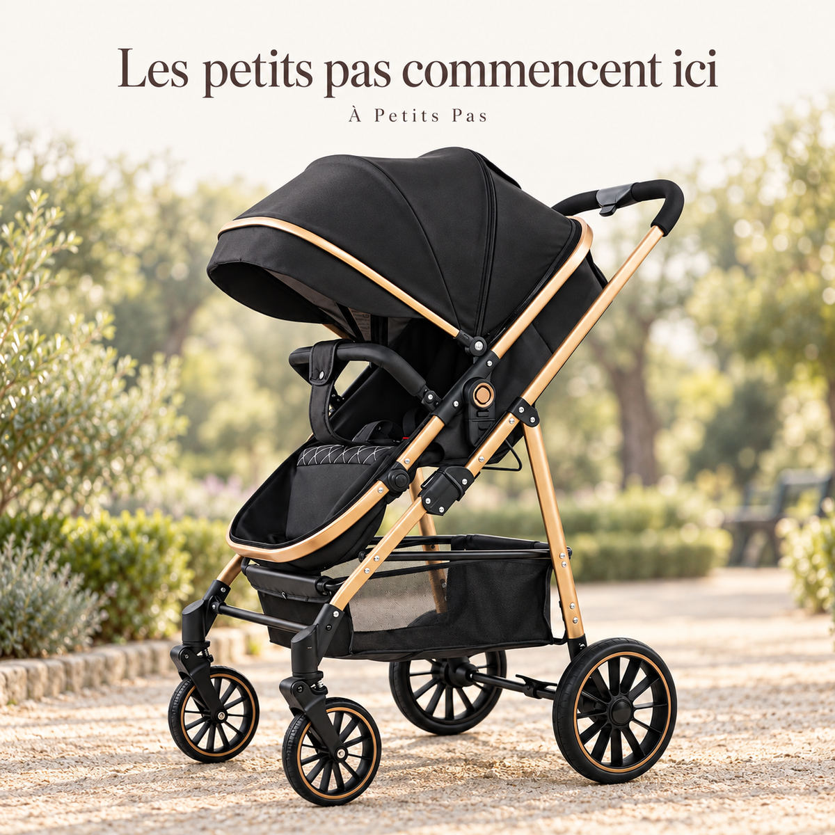 Les petits pas commencent ici — Poussette noire et dorée — pliage automatique