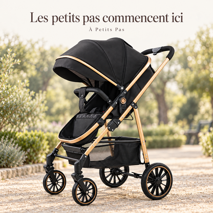 Les petits pas commencent ici — Poussette noire et dorée — pliage automatique