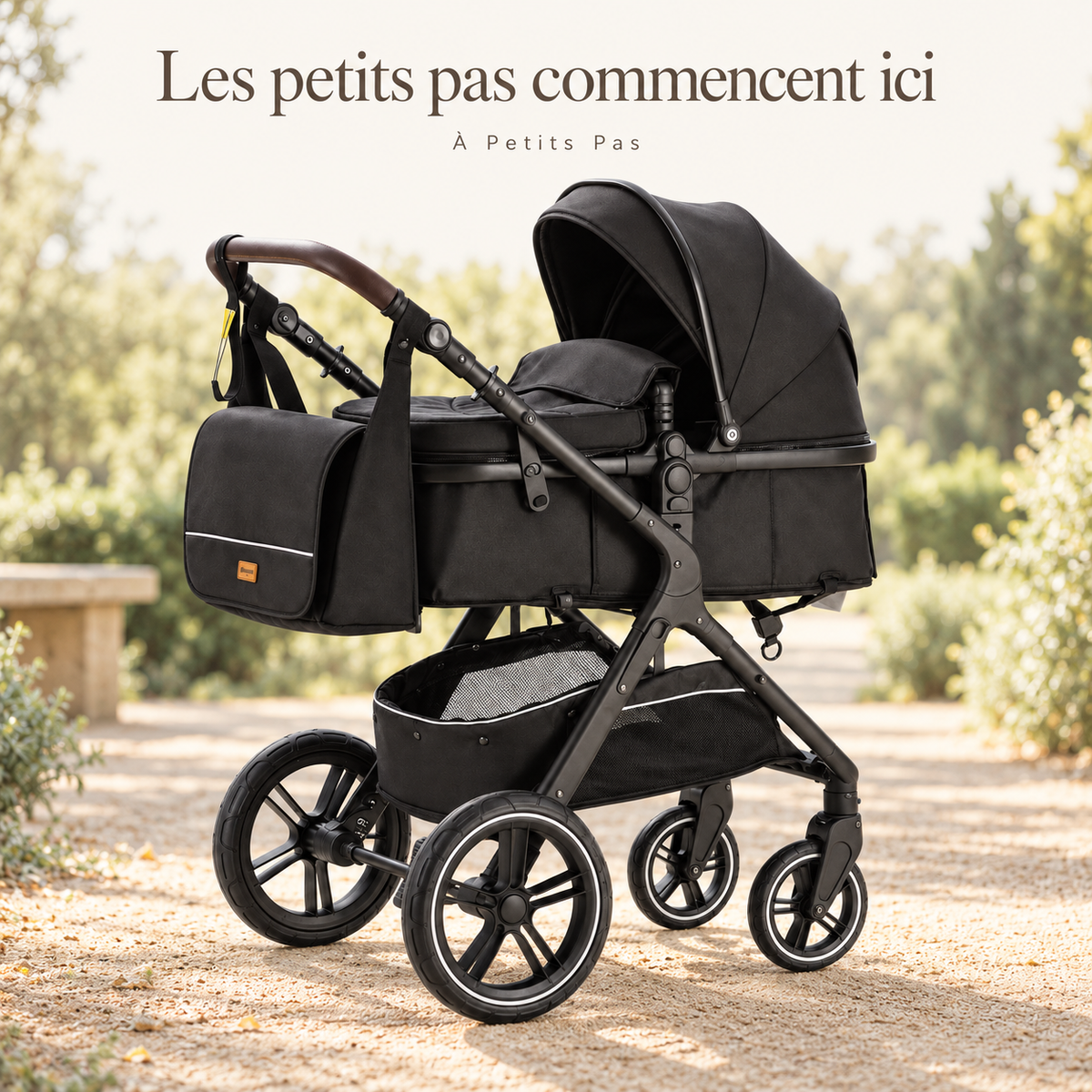Les petits pas commencent ici — Poussette modulable avec sac assorti