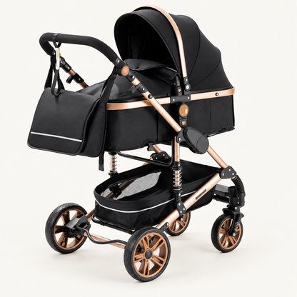 Poussette modulable — finitions dorées et argentées — Noir et doré
