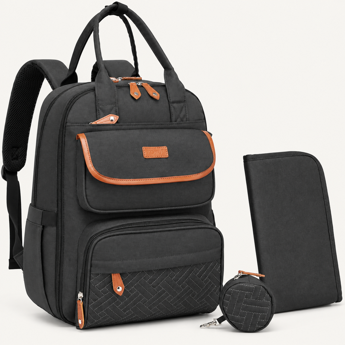 Sac à dos à langer KONO — 18 rangements — Noir