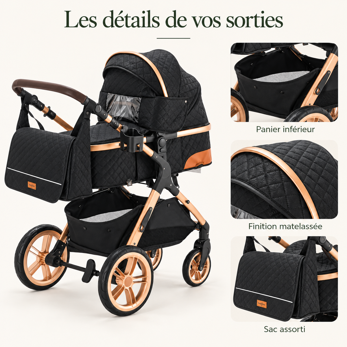 Poussette modulable noire matelassée — version haute — les détails de vos sorties