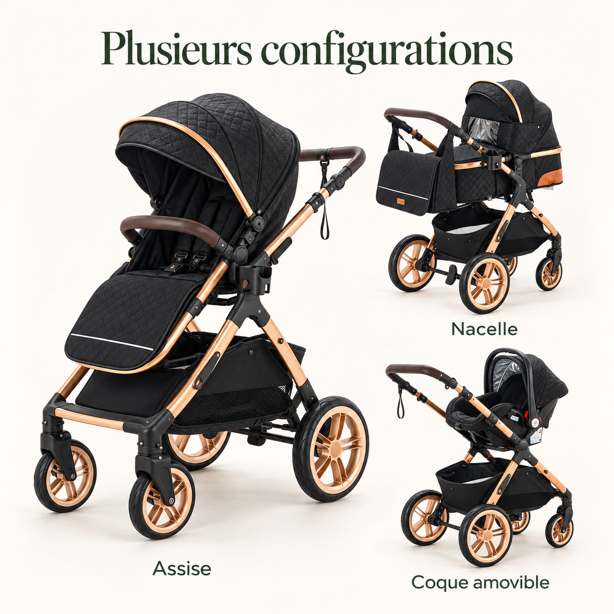 Poussette modulable noire matelassée — version haute — plusieurs configurations