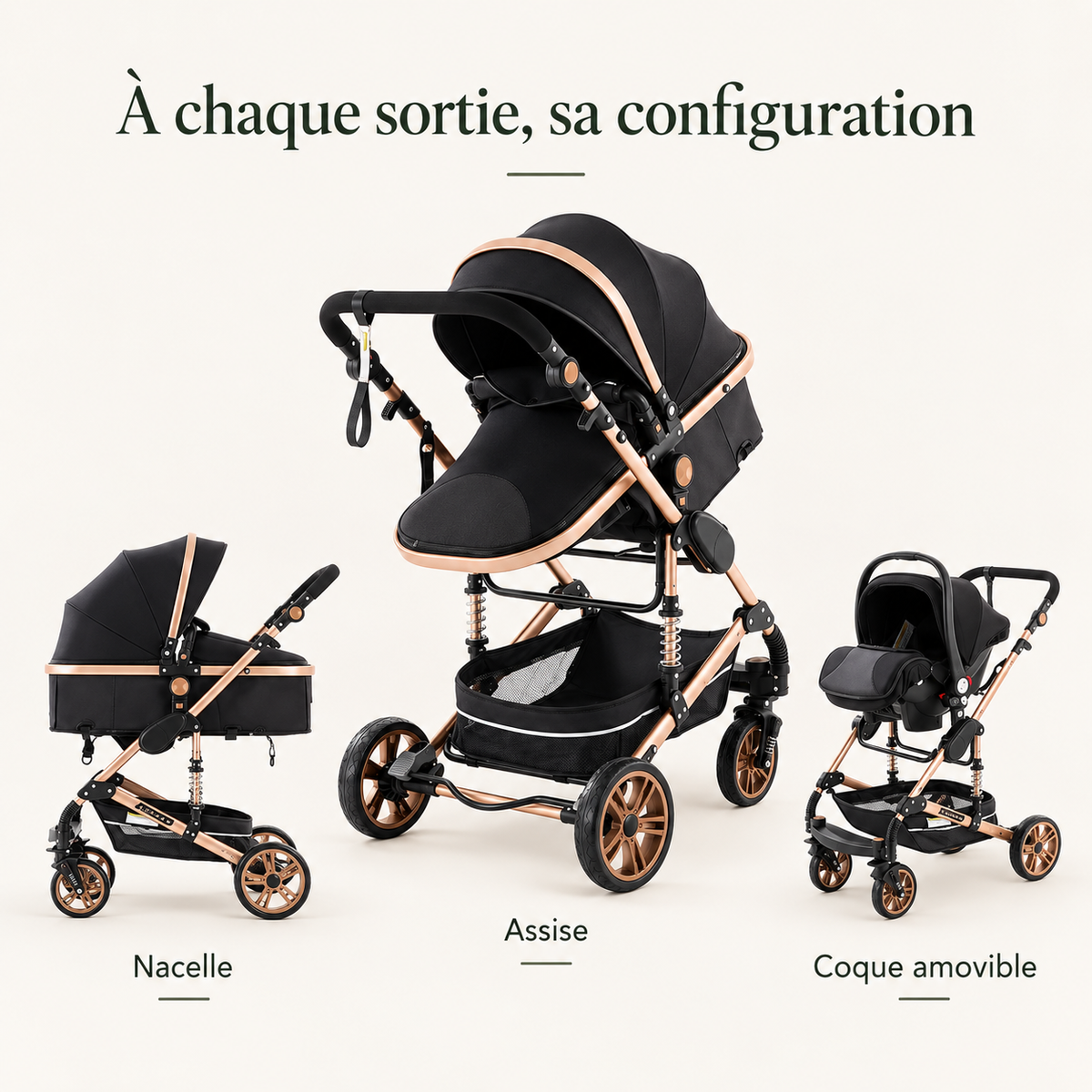 Poussette modulable — finitions dorées et argentées — à chaque sortie, sa configuration