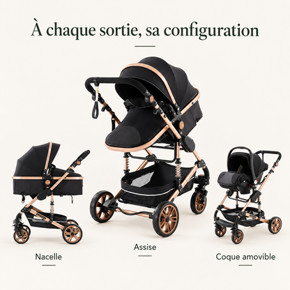 Poussette modulable — finitions dorées et argentées — à chaque sortie, sa configuration