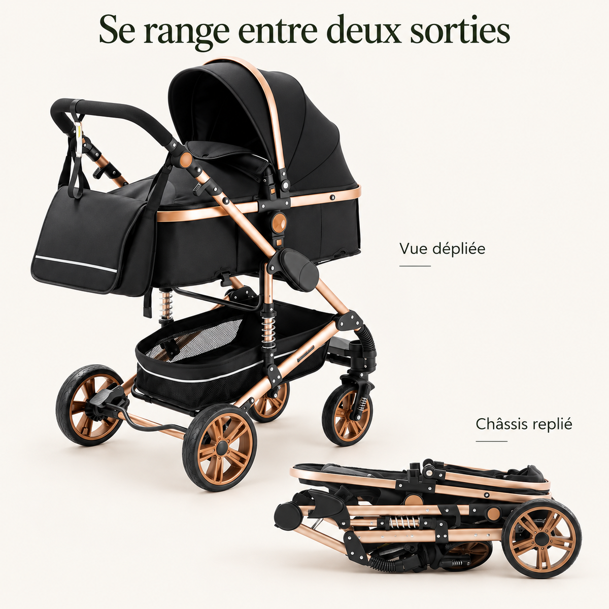 Poussette modulable — finitions dorées et argentées — se range entre deux sorties