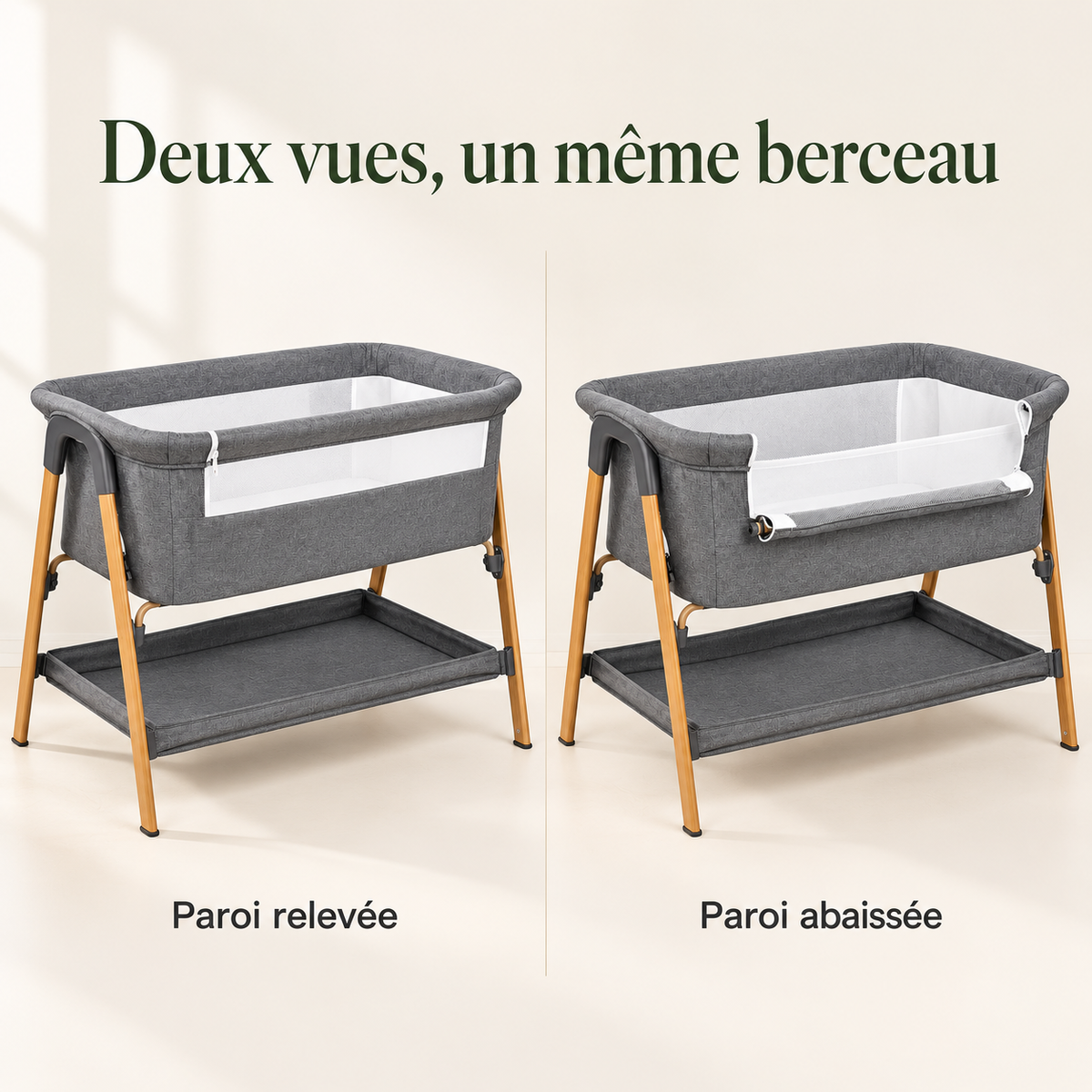 Berceau de chevet gris chiné — pieds en bois — deux vues, un même berceau