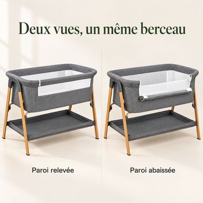 Berceau de chevet gris chiné — pieds en bois — deux vues, un même berceau