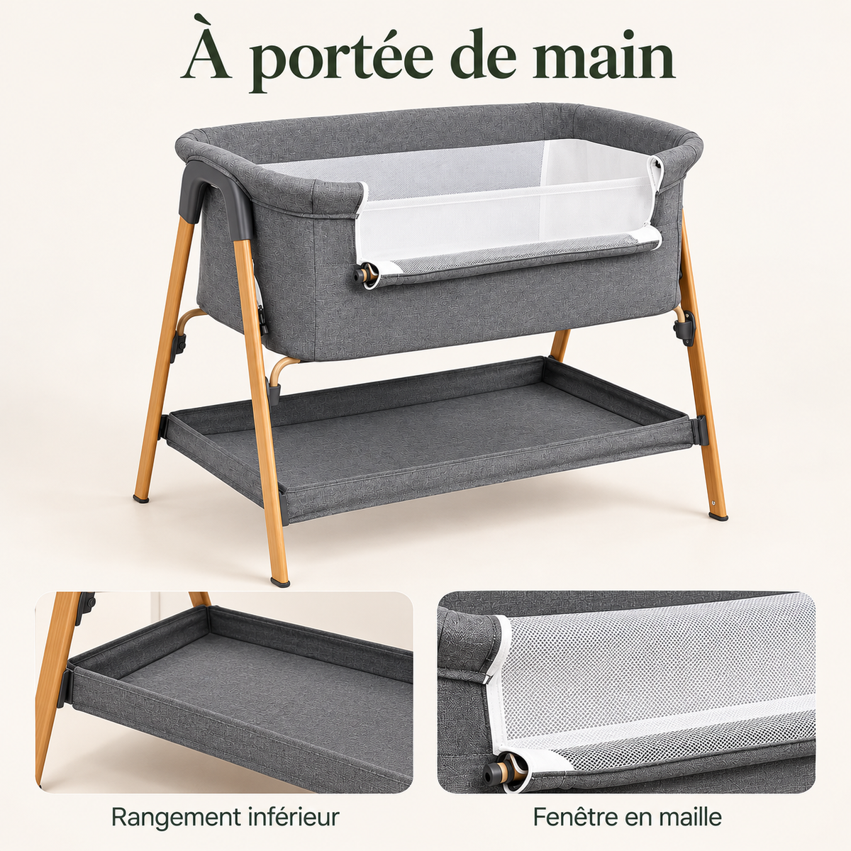 Berceau de chevet gris chiné — pieds en bois — à portée de main