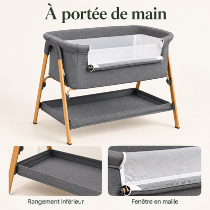 Berceau de chevet gris chiné — pieds en bois — à portée de main
