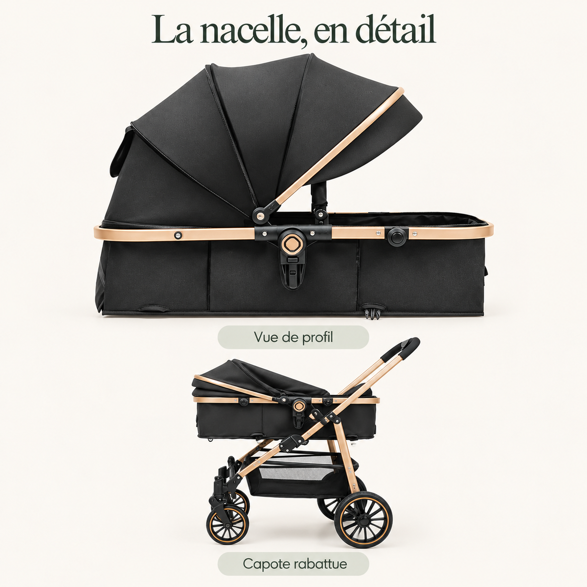 Poussette noire et dorée — pliage automatique — la nacelle, en détail