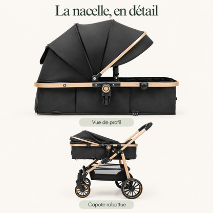 Poussette noire et dorée — pliage automatique — la nacelle, en détail