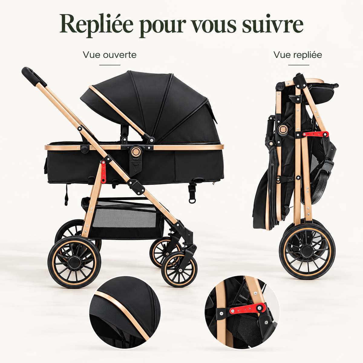 Poussette noire et dorée — pliage automatique — repliée pour vous suivre
