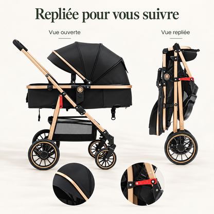 Poussette noire et dorée — pliage automatique — repliée pour vous suivre