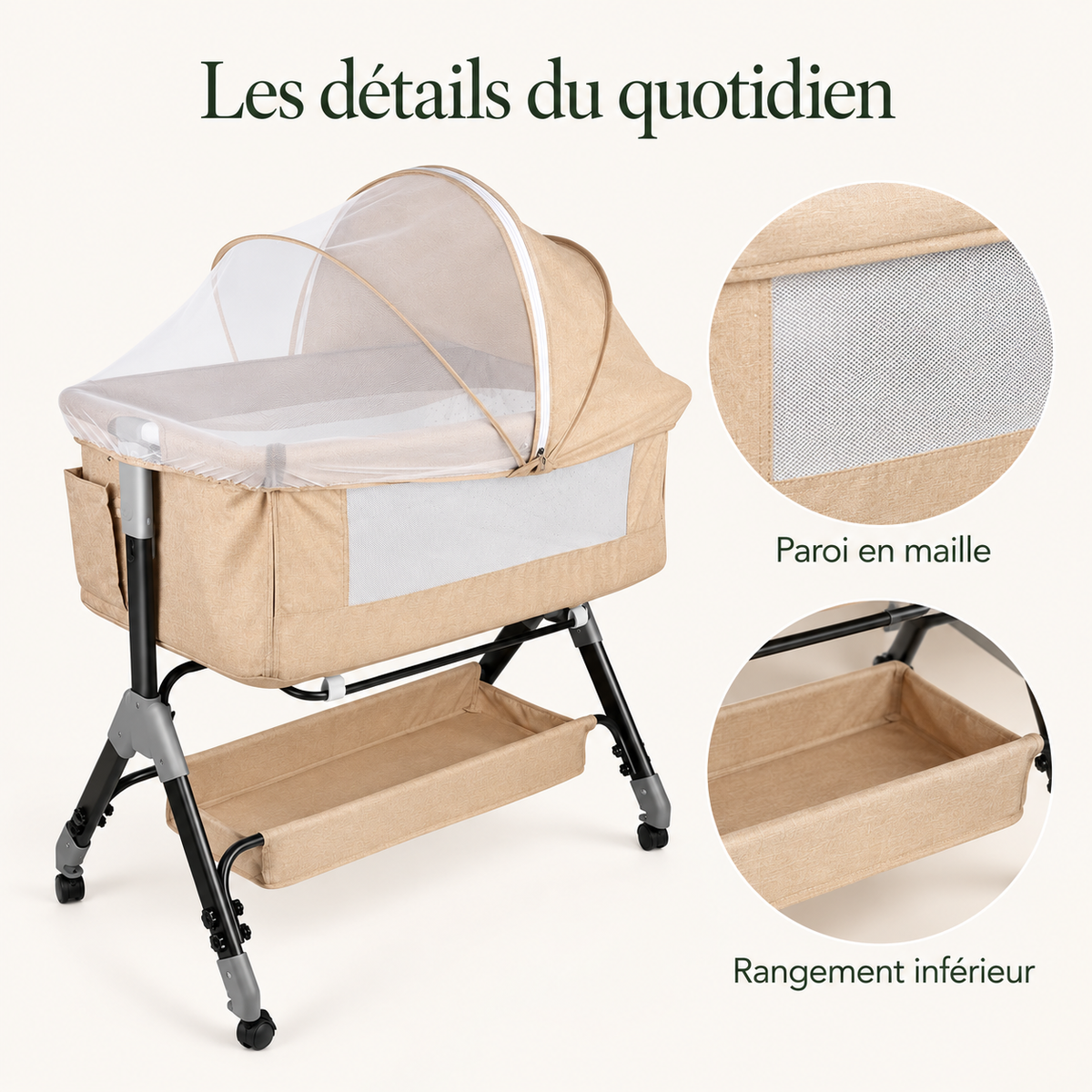 Berceau de chevet réglable avec moustiquaire — les détails du quotidien