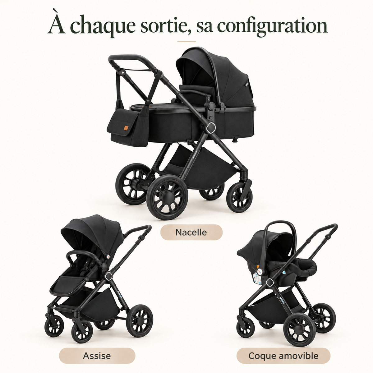 Poussette modulable — châssis aluminium — à chaque sortie, sa configuration