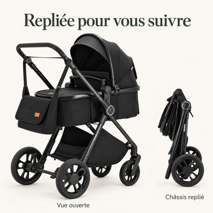 Poussette modulable — châssis aluminium — repliée pour vous suivre