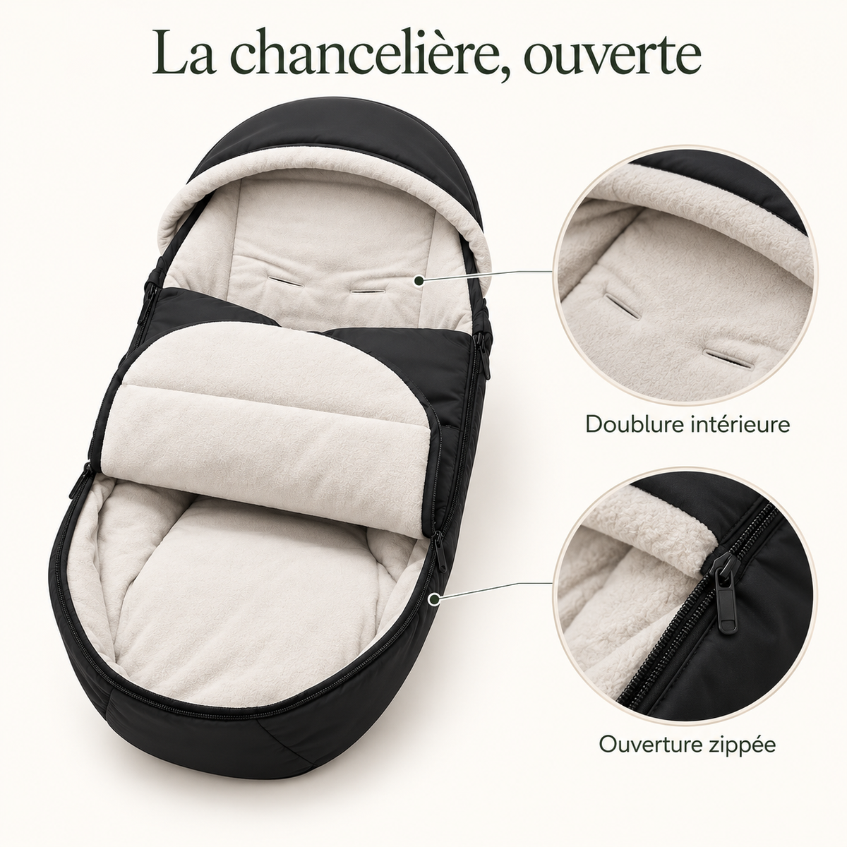 Chancelière pour poussette — doublure douce — la chancelière, ouverte
