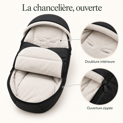 Chancelière pour poussette — doublure douce — la chancelière, ouverte