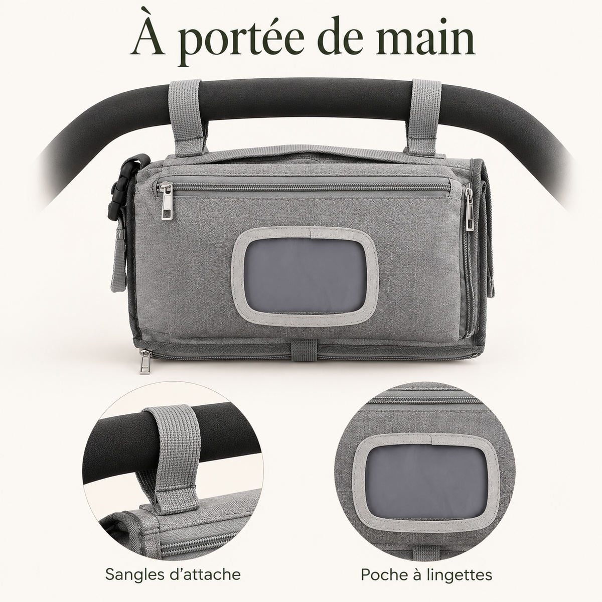 Kit de change nomade — pochette grise — à portée de main