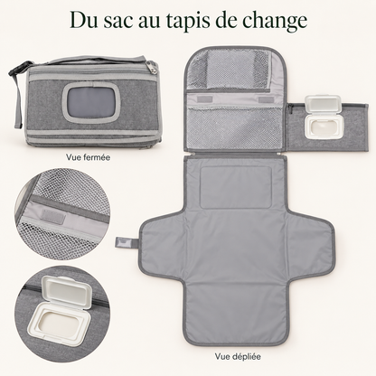 Kit de change nomade — pochette grise — du sac au tapis de change