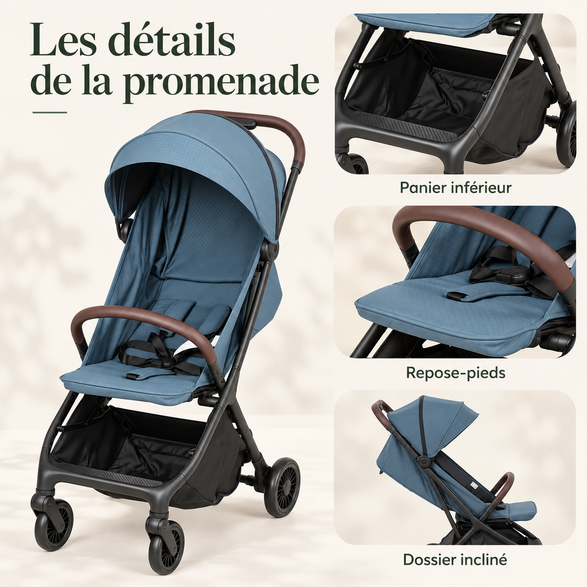 Poussette compacte pliable — bleu marine — les détails de la promenade
