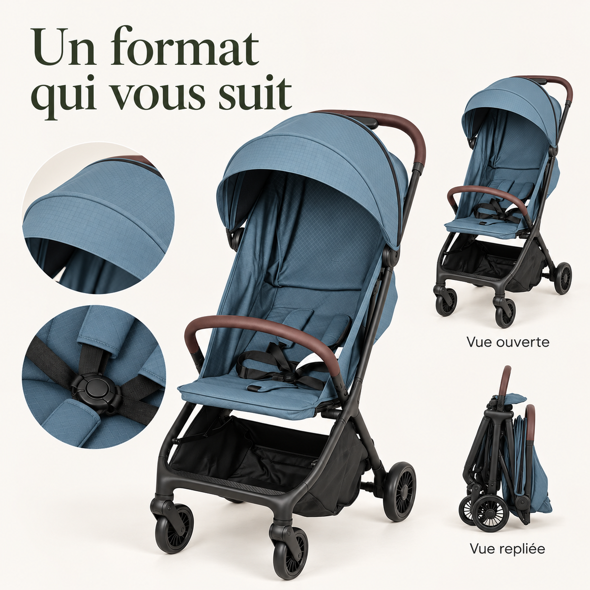 Poussette compacte pliable — bleu marine — un format qui vous suit
