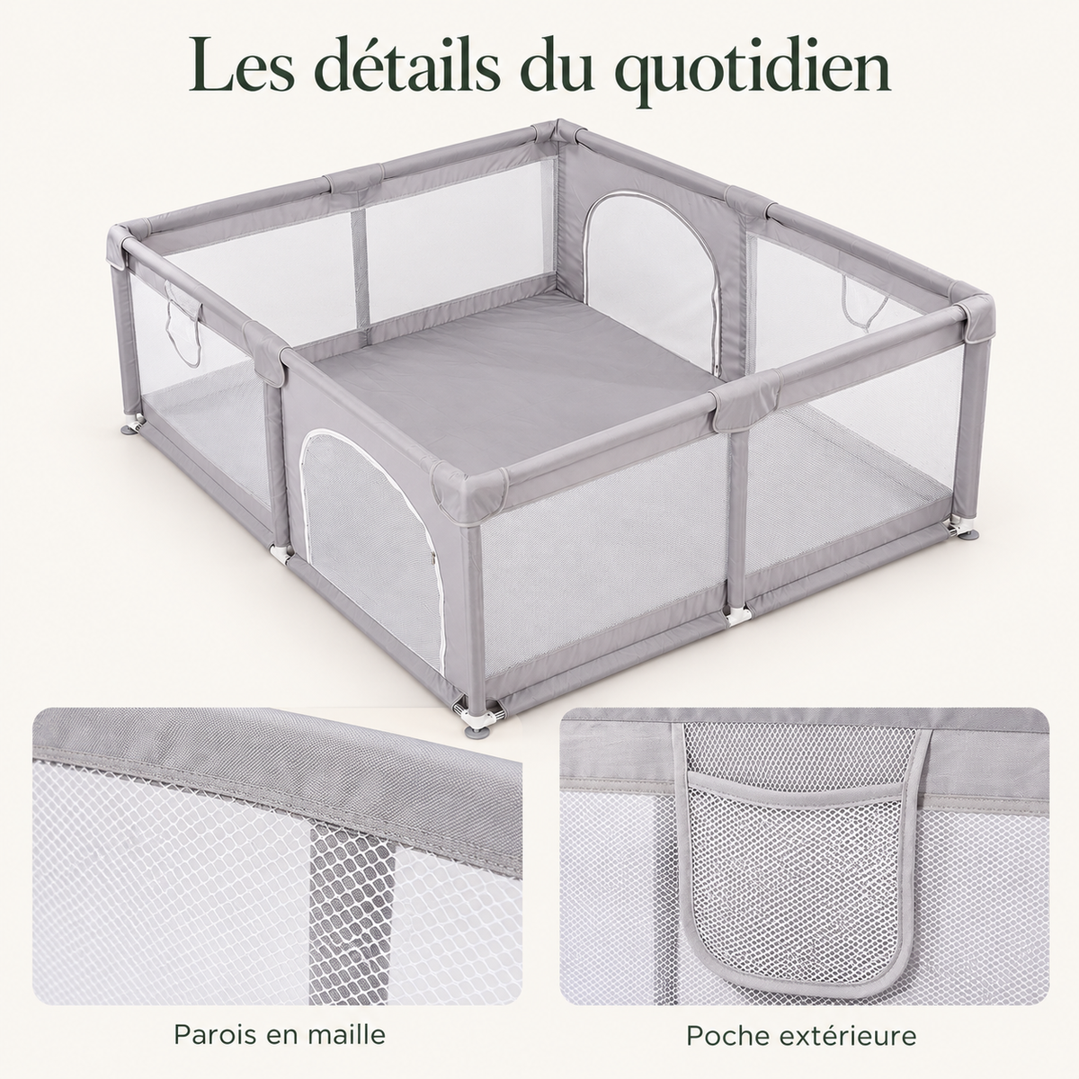 Parc bébé en maille — 150 × 180 cm — les détails du quotidien