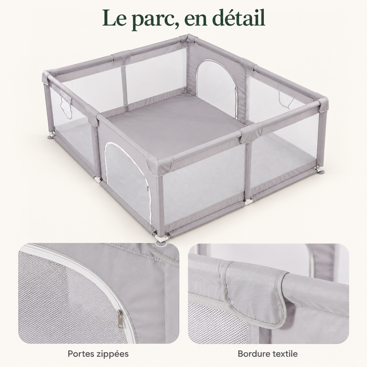 Parc bébé en maille — 150 × 180 cm — le parc, en détail