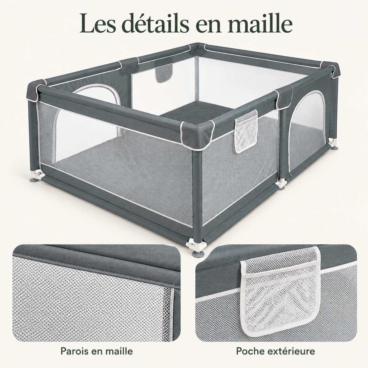 Parc bébé en maille — 120 × 160 cm — les détails en maille