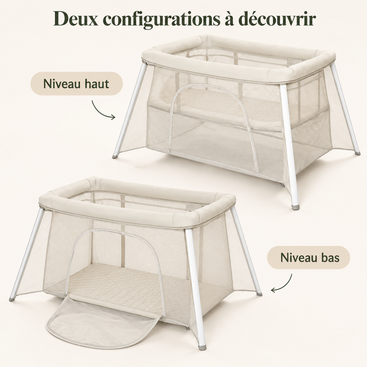 Lit pliant et parc bébé — crème et gris — deux configurations à découvrir