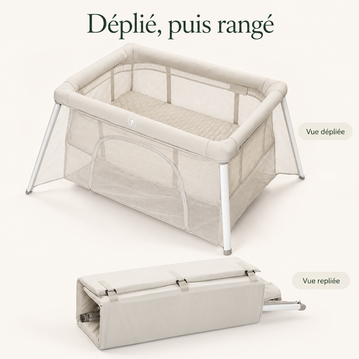 Lit pliant et parc bébé — crème et gris — déplié, puis rangé
