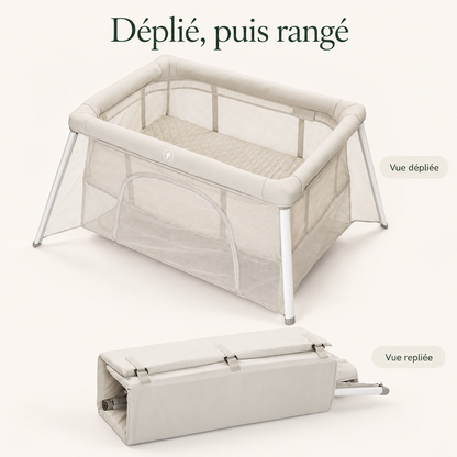 Lit pliant et parc bébé — crème et gris — déplié, puis rangé