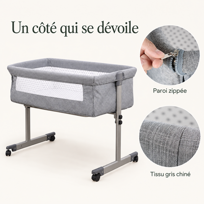 Berceau de chevet gris — matelas et roues — un côté qui se dévoile