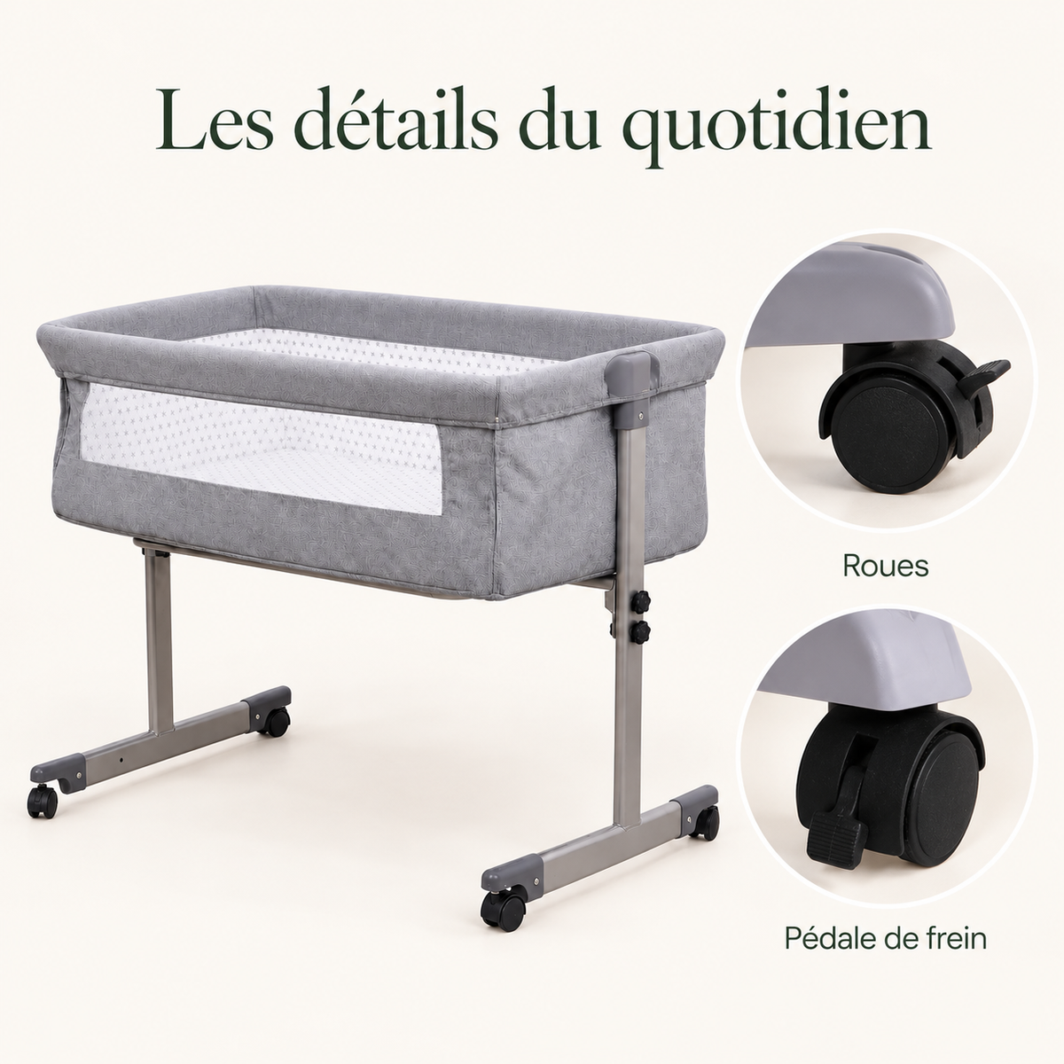 Berceau de chevet gris — matelas et roues — les détails du quotidien