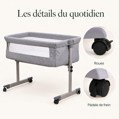 Berceau de chevet gris — matelas et roues — les détails du quotidien