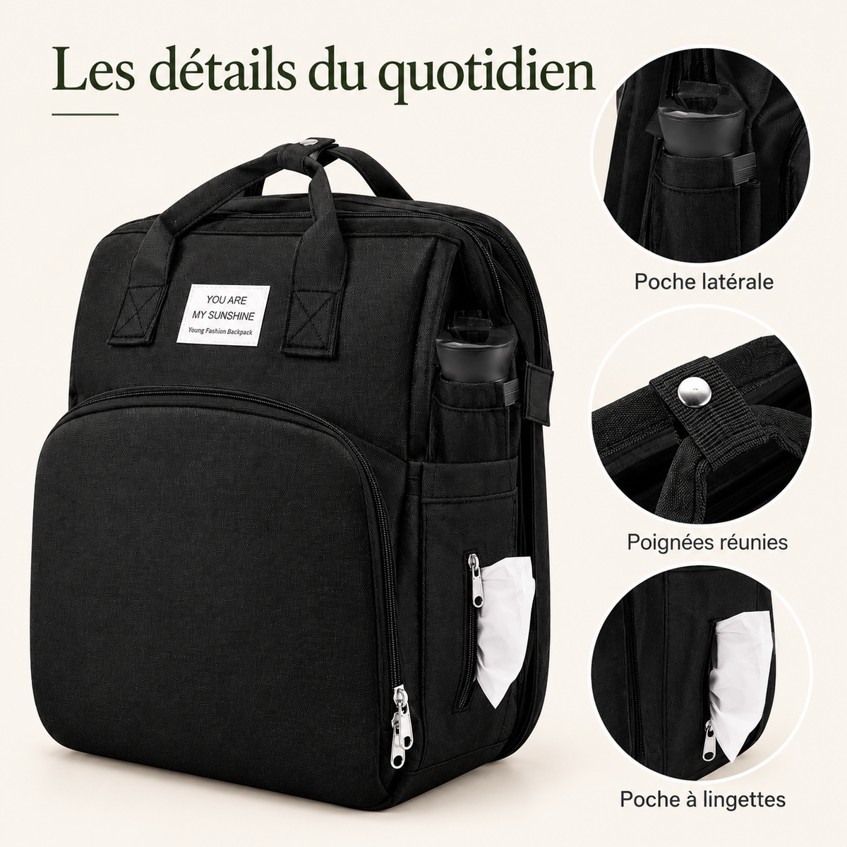 Sac à dos à langer — tapis nomade intégré — les détails du quotidien