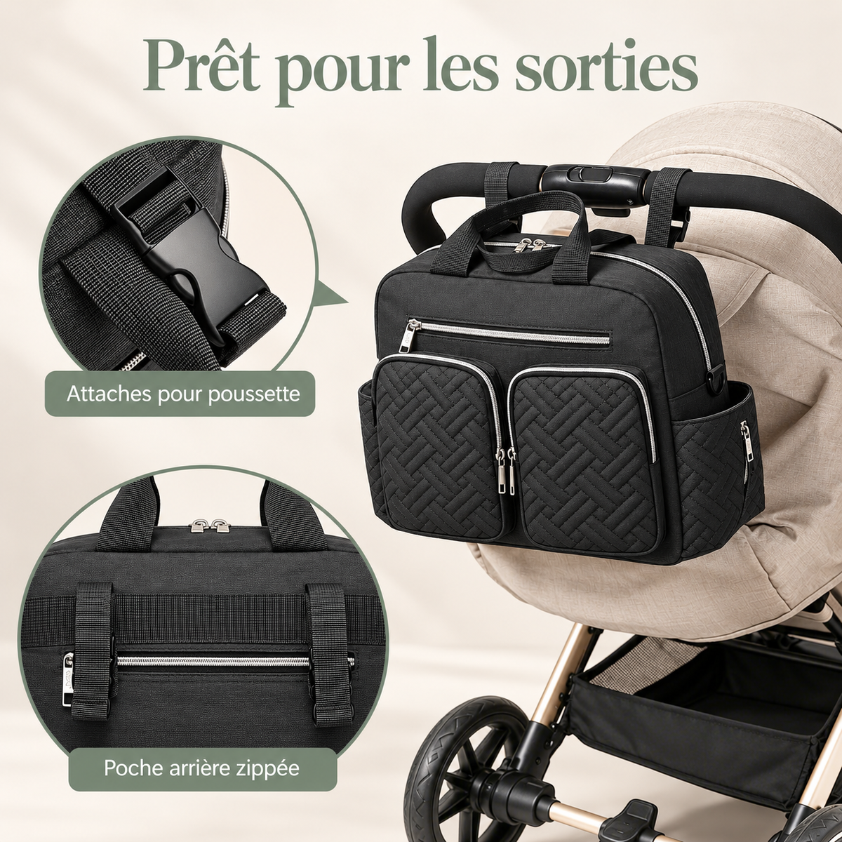 Sac bandoulière noir : vue des attaches et de la poche arrière