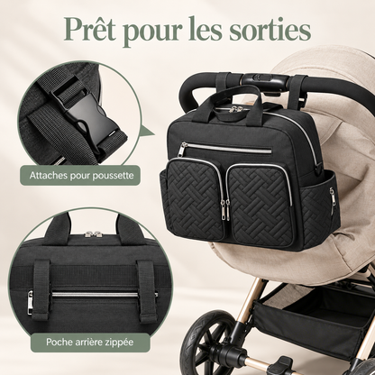 Sac bandoulière noir : vue des attaches et de la poche arrière