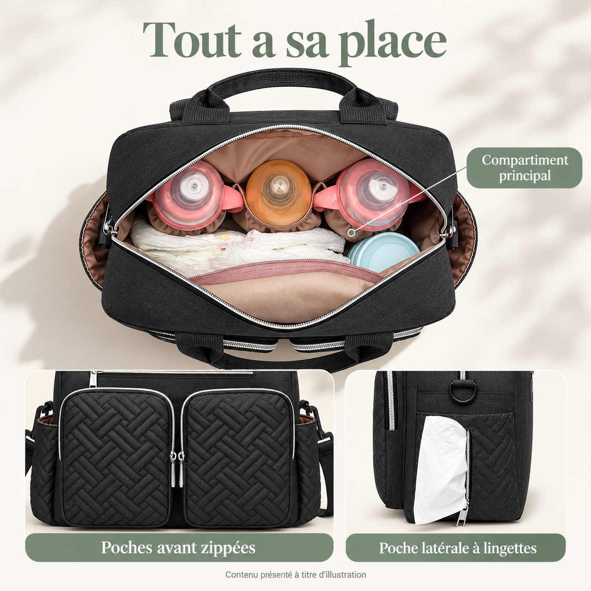 Sac bandoulière noir ouvert : compartiments intérieurs et poches avant et latérales