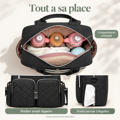 Sac bandoulière noir ouvert : compartiments intérieurs et poches avant et latérales