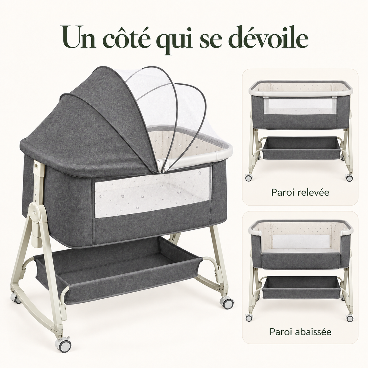 Berceau de chevet — 6 hauteurs — Gris — Un côté qui se dévoile