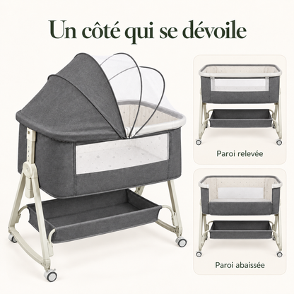 Berceau de chevet — 6 hauteurs — Gris — Un côté qui se dévoile